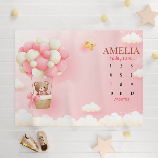 Personalized Baby Milestone Blanket – Custom Name with Pink Balloon & Bear Design for Monthly Growth & Baby Shower Gifts