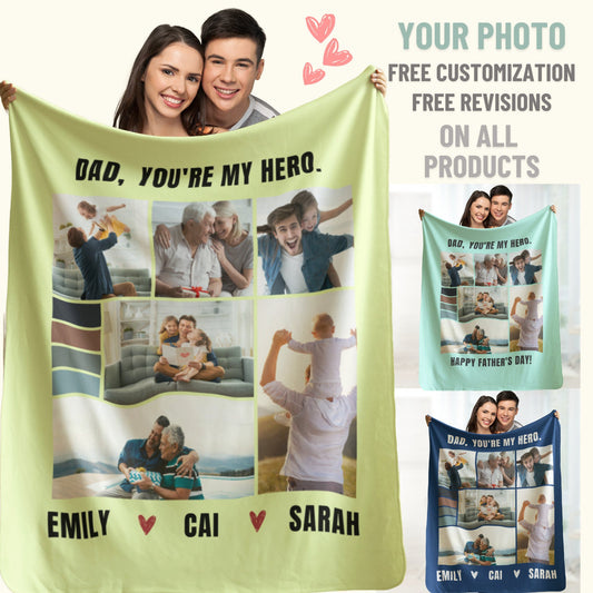 Personalized Dad Blanket with Text, Custom Father's Day Blanket, Grandpa Gift, Birthday Gift For Dad, You're My Hero Dad, Best Dad Blanket