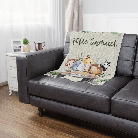 Personalized Safari Baby Swaddle – Custom Name Blanket with Elephant, Giraffe, Lion & Monkey for 1st Birthday
