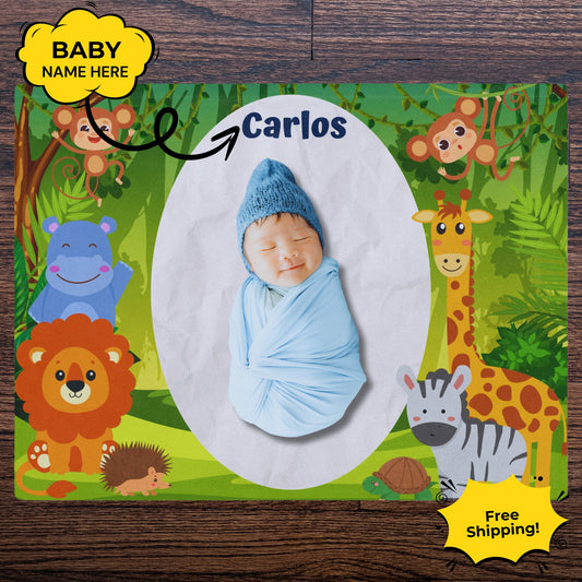 Personalized Safari Baby Milestone Blanket – Custom Name Swaddle with Jungle Animals for Newborn Photography
