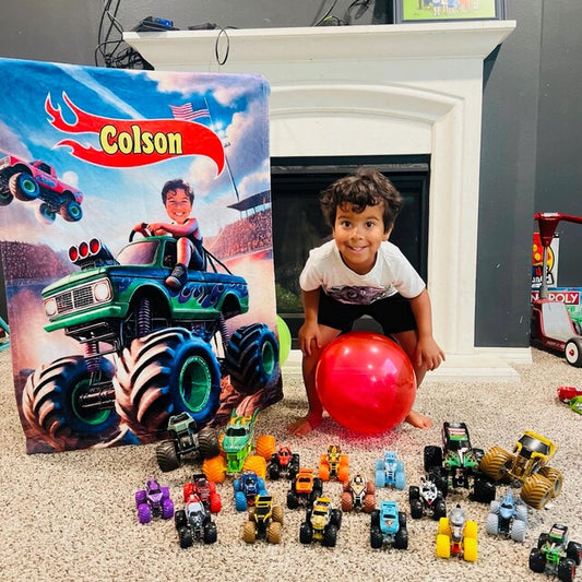 Personalized Monster Truck Blanket – Custom Name & Photo Adventure Gift for Boys & Kids
