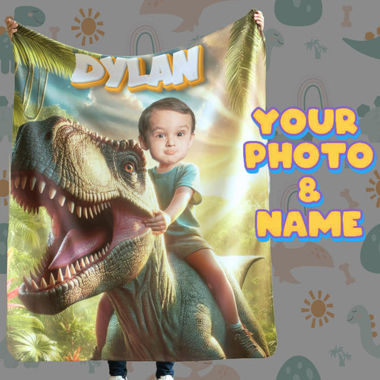 Personalized Dinosaur Blanket – Custom T-Rex Adventure Gift with Name & Photo for Kids