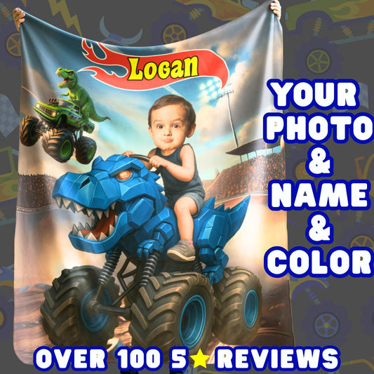 Personalized Dinosaur Monster Truck Blanket Design – Custom Name & Photo Printable Gift for Kids Who Love Trucks & Dinosaurs