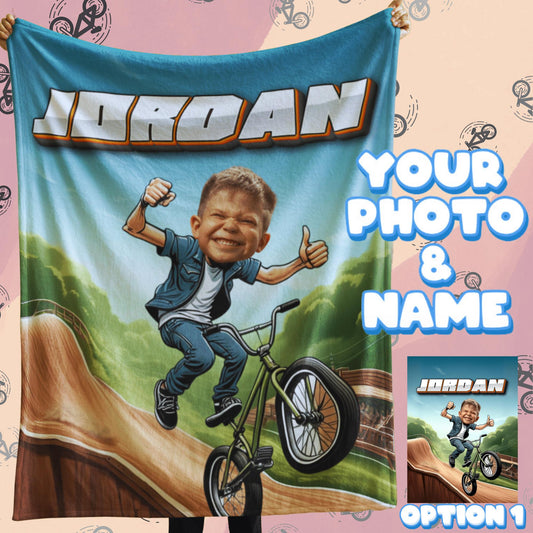 Personalized BMX Bike Blanket – Custom Name & Photo Cycling Gift for Kids, Riders & Sports Fans
