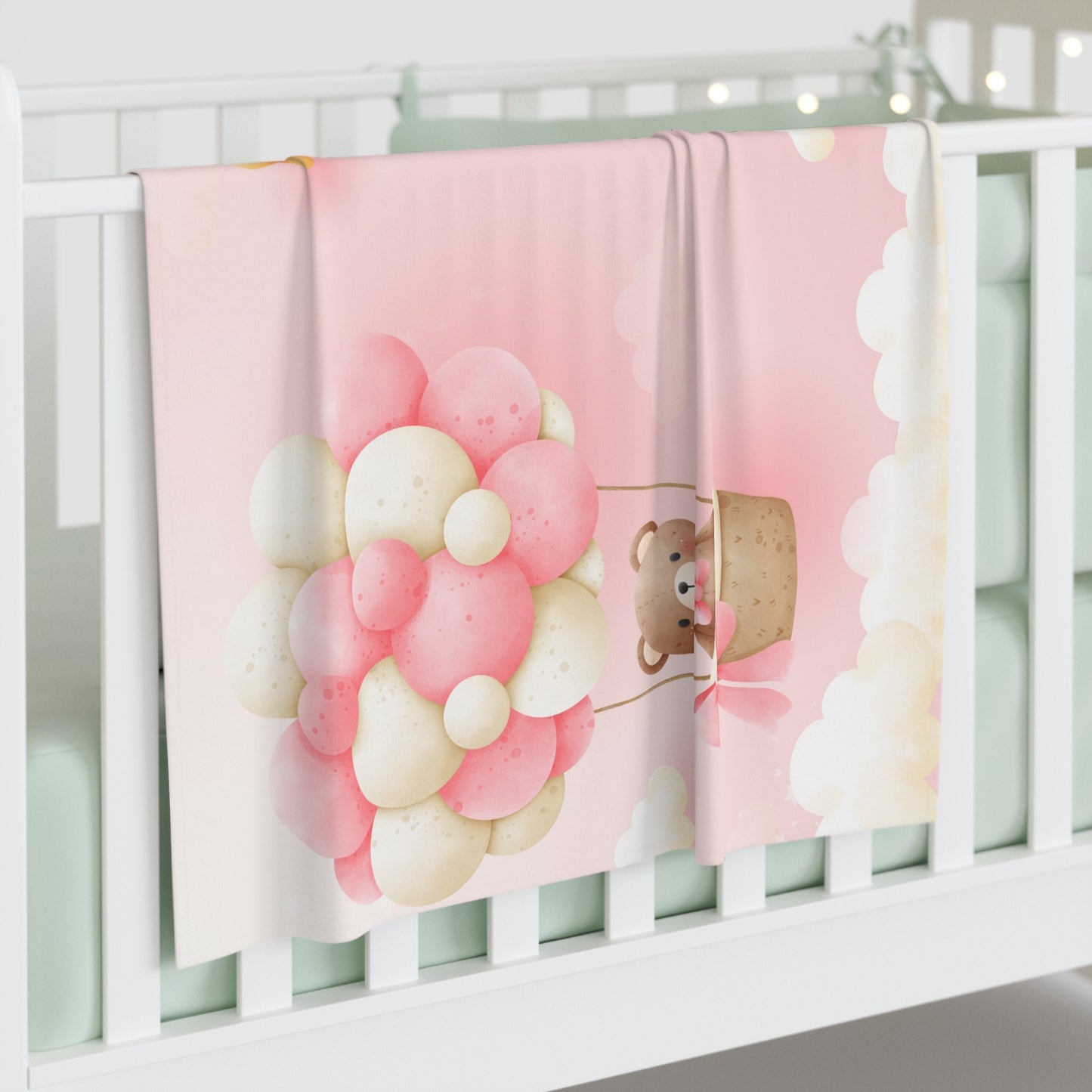 Personalized Baby Milestone Blanket – Custom Name with Pink Balloon & Bear Design for Monthly Growth & Baby Shower Gifts