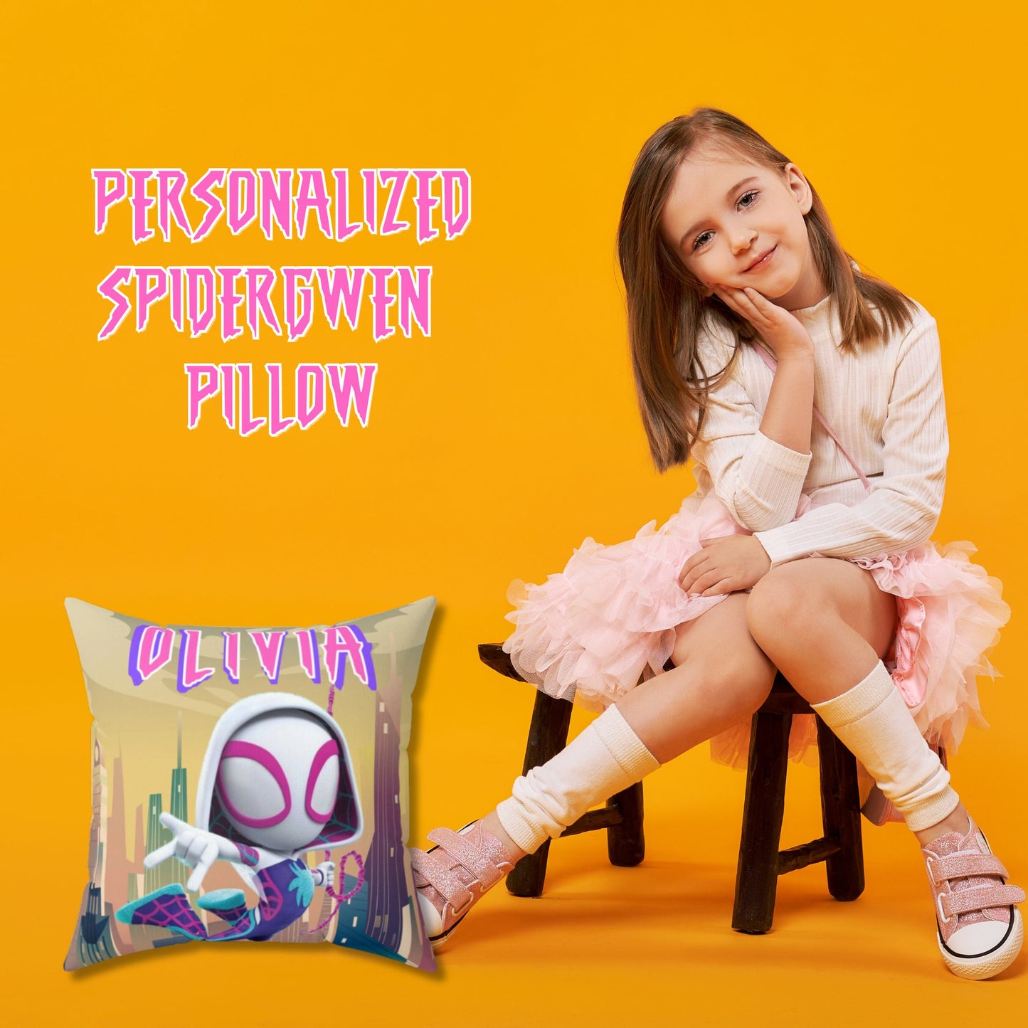 Personalized Spider Gwen Pillow for Kids – Custom Name Superhero Cushion & Bedroom Decor Gift