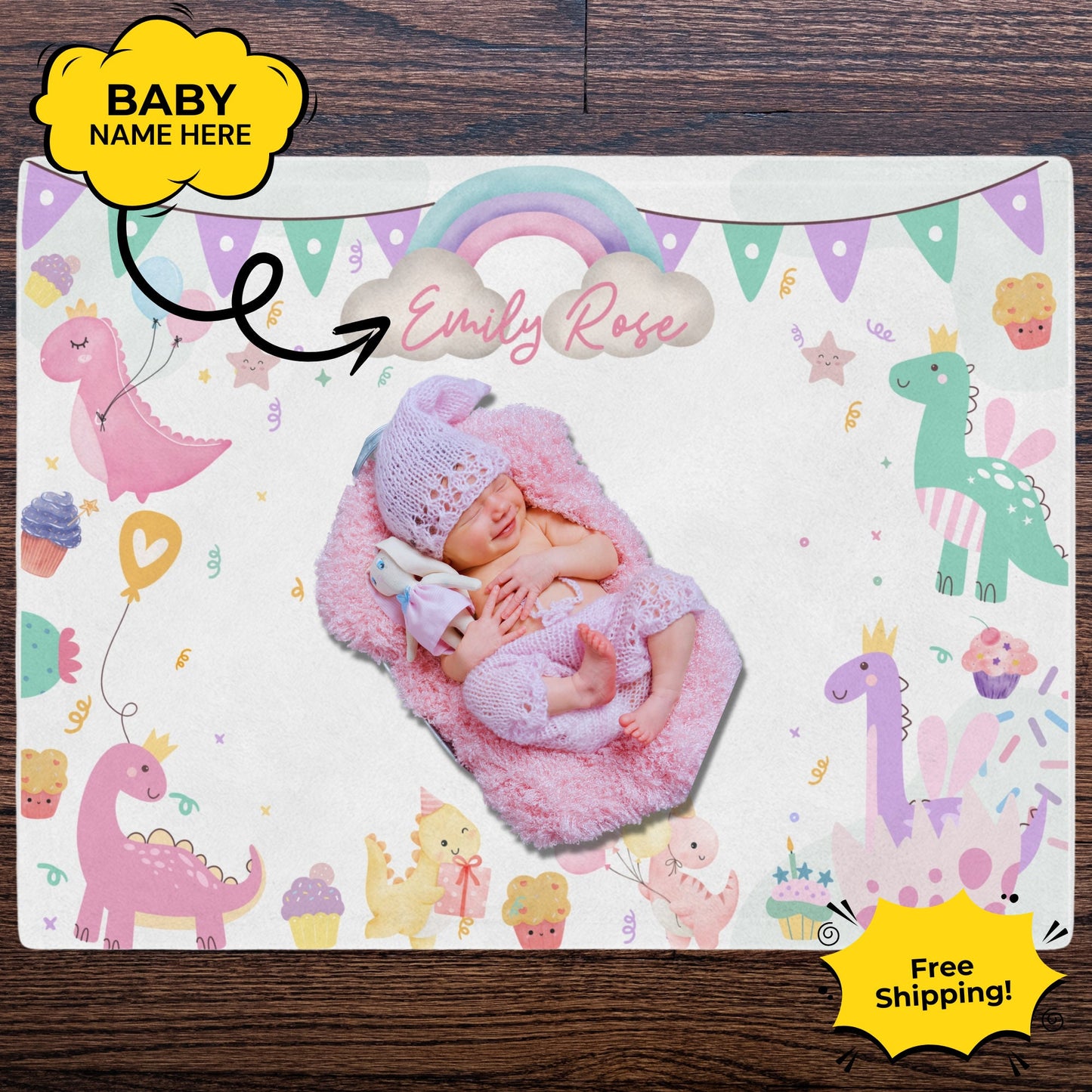 Personalized Dinosaur Blanket – Custom Name Gift for 1st Birthday, Baptism & Kids’ Milestones