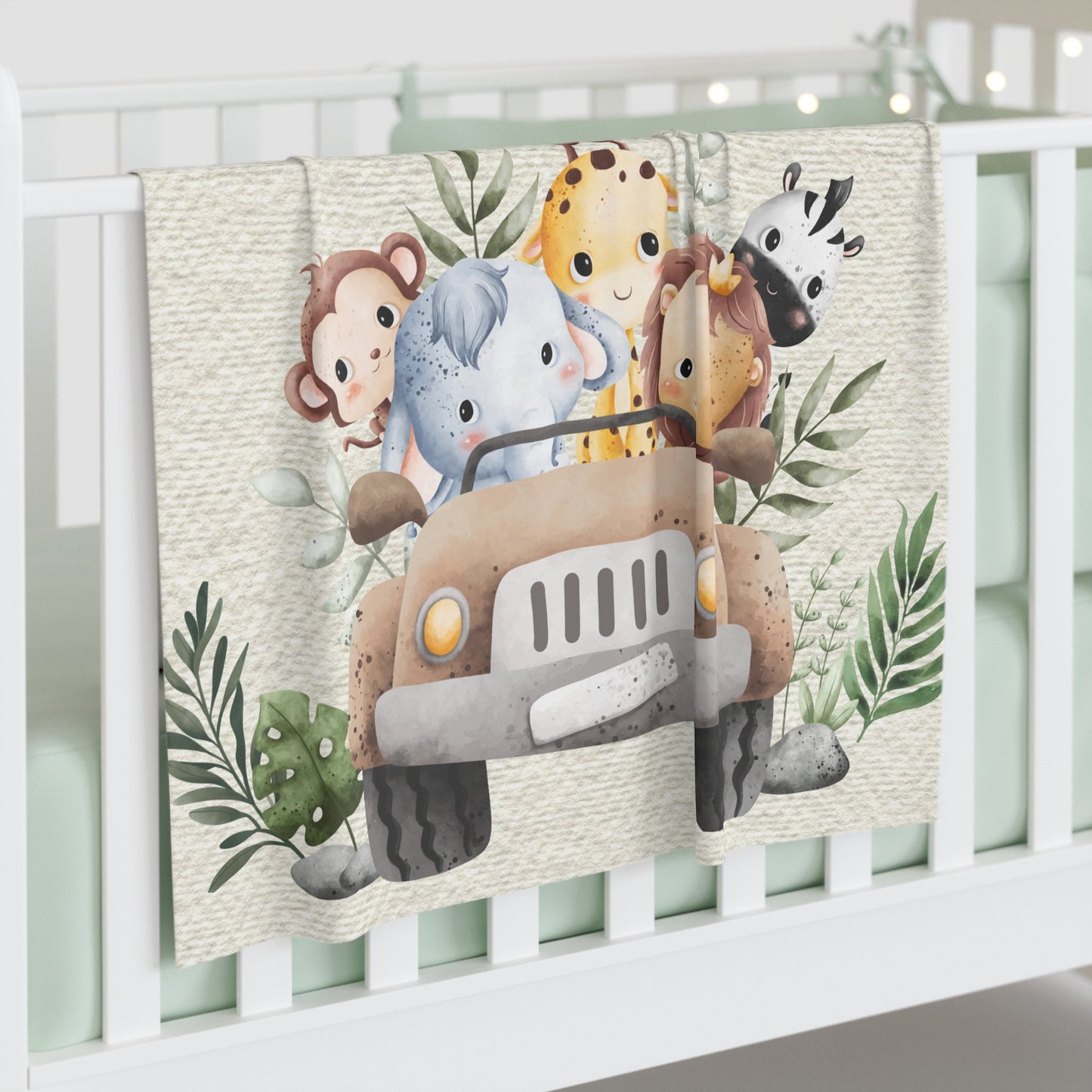 Personalized Safari Baby Swaddle – Custom Name Blanket with Elephant, Giraffe, Lion & Monkey for 1st Birthday