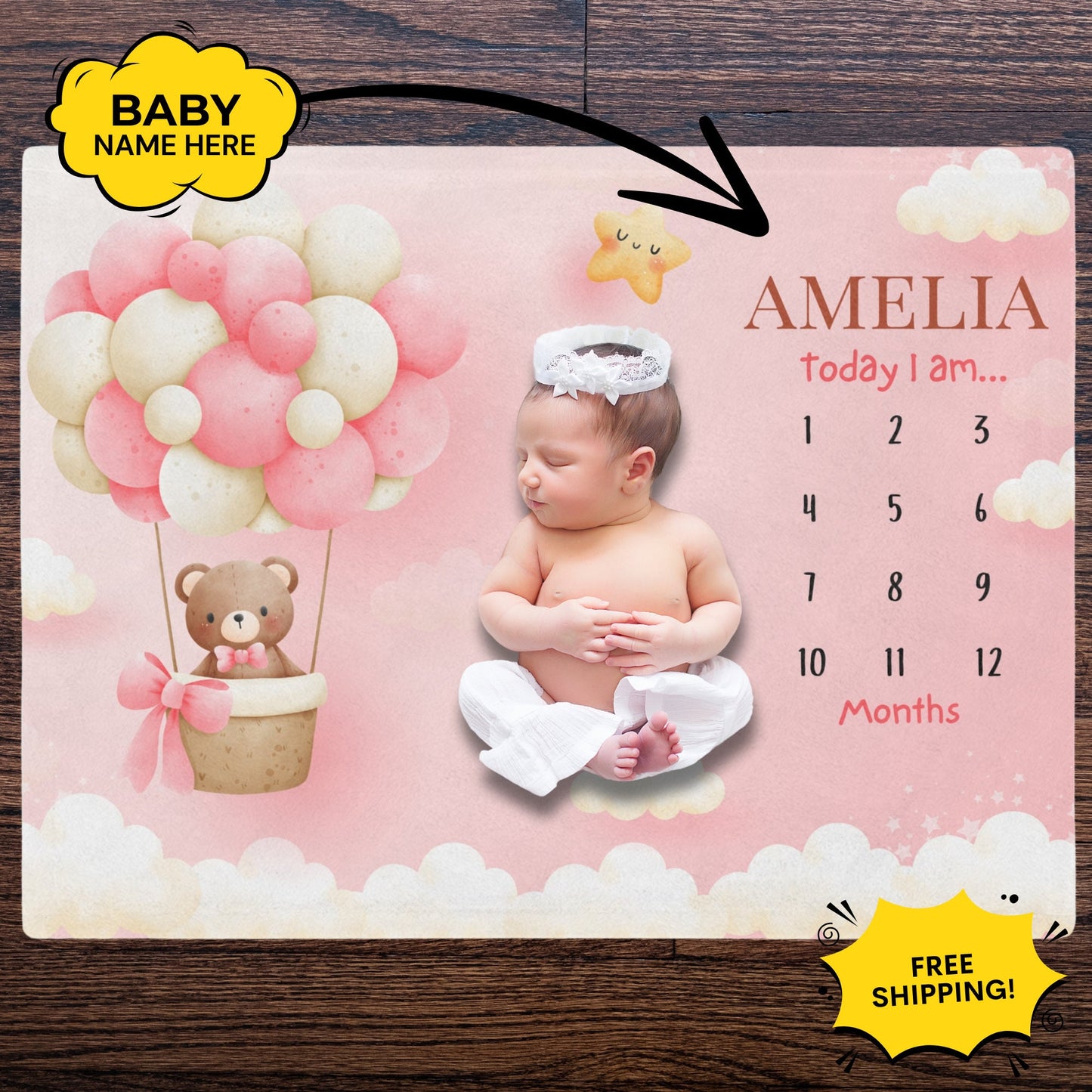 Personalized Baby Milestone Blanket – Custom Name with Pink Balloon & Bear Design for Monthly Growth & Baby Shower Gifts