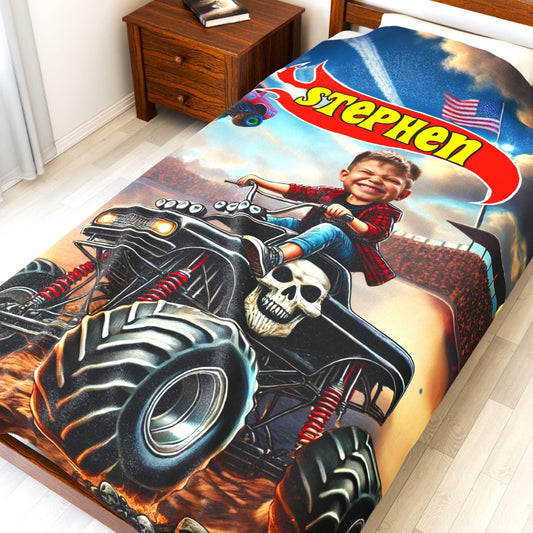 Personalized Bone Monster Truck Blanket – Custom Name & Photo Adventure Gift for Boys & Girls