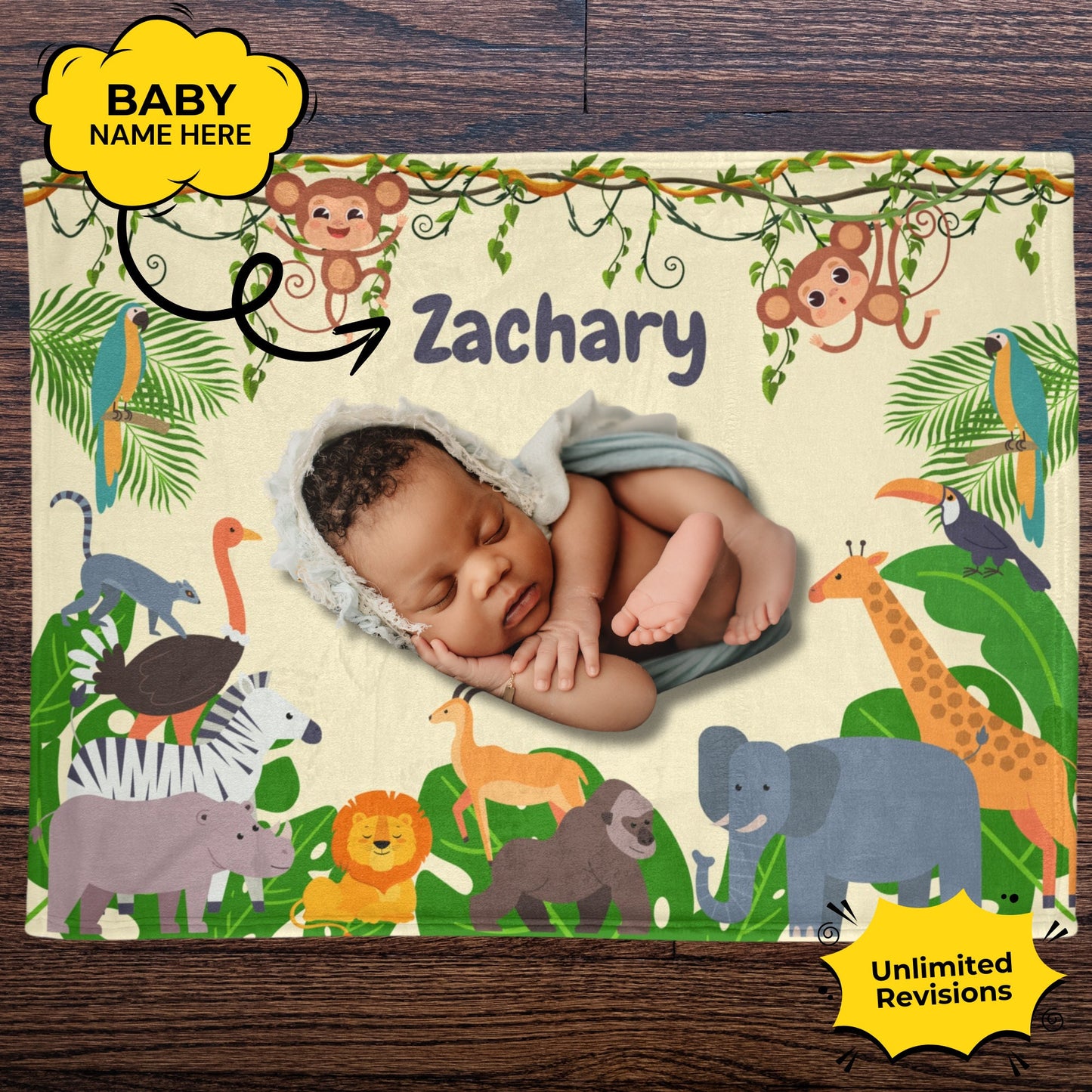 Personalized Safari Animal Baby Blanket – Custom Name Gift for 1st Birthday & Nursery Decor