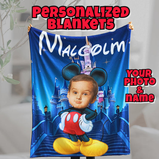 Personalized Mickey Blanket – Custom Name & Photo Gift for Kids Inspired by Magic Kingdom