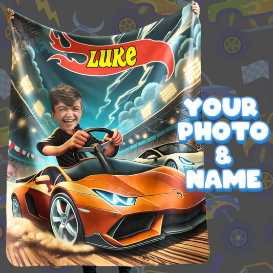 Personalized Sports Car Blanket – Custom Lamborghini & Tesla Design with Name & Photo for Kids’ Racing Gift