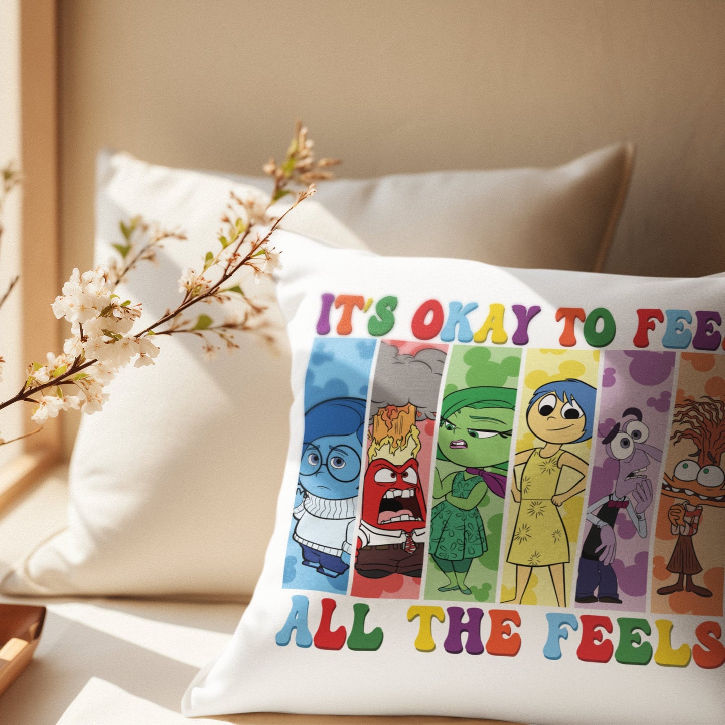 Personalized Inside Out Emotion Pillow – Custom “Feel All the Feels” Cushion Featuring Joy, Anger, Anxiety & More