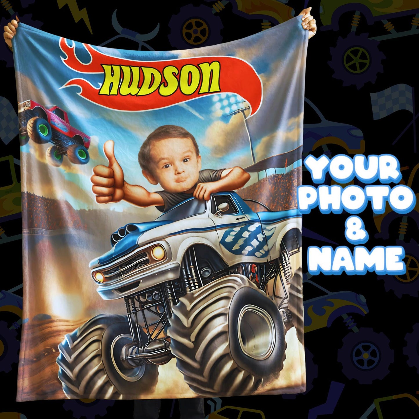 Personalized Monster Truck Blanket – Custom Name & Photo Adventure Gift for Boys & Kid