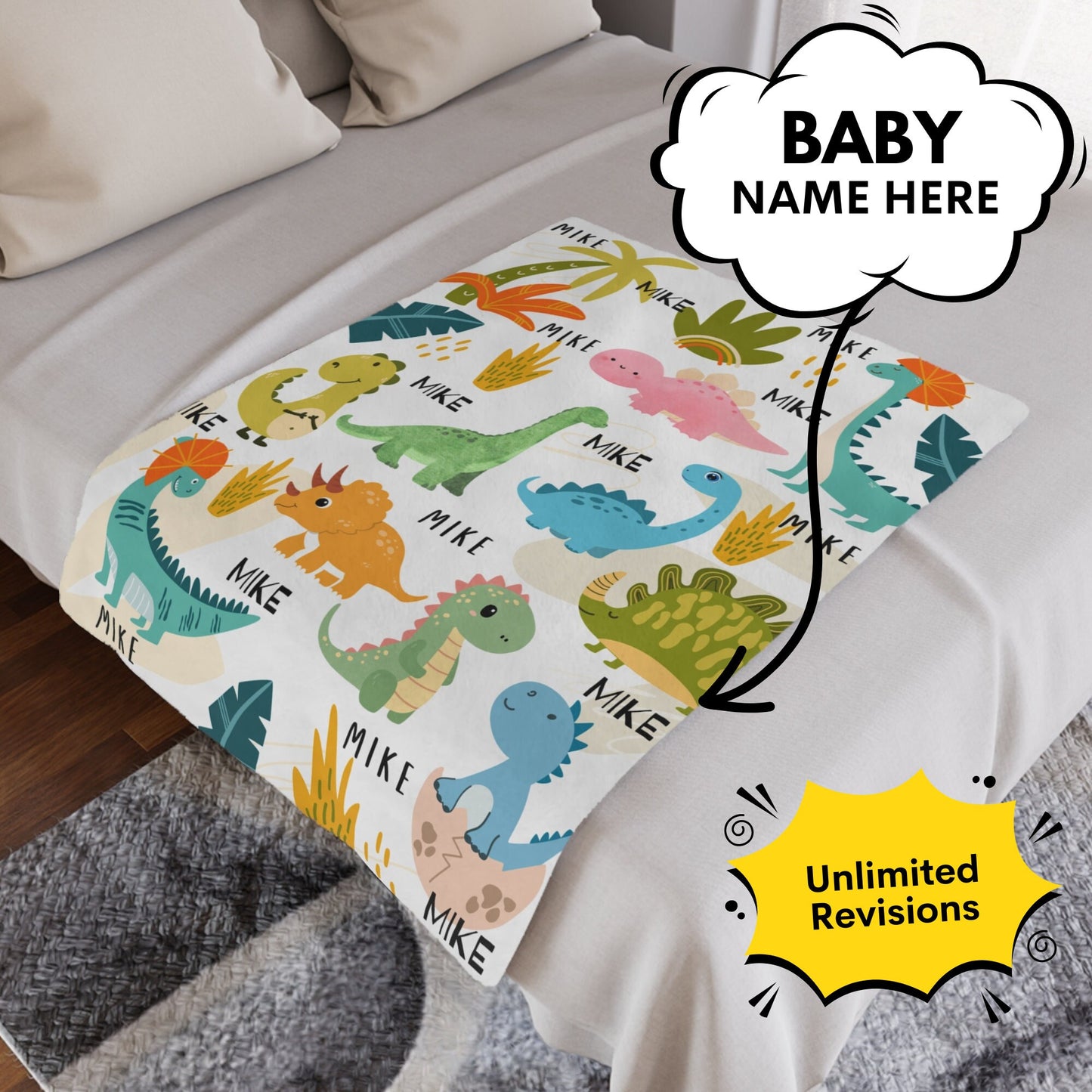 Personalized Dinosaur Baby Swaddle With Custom Name Blanket