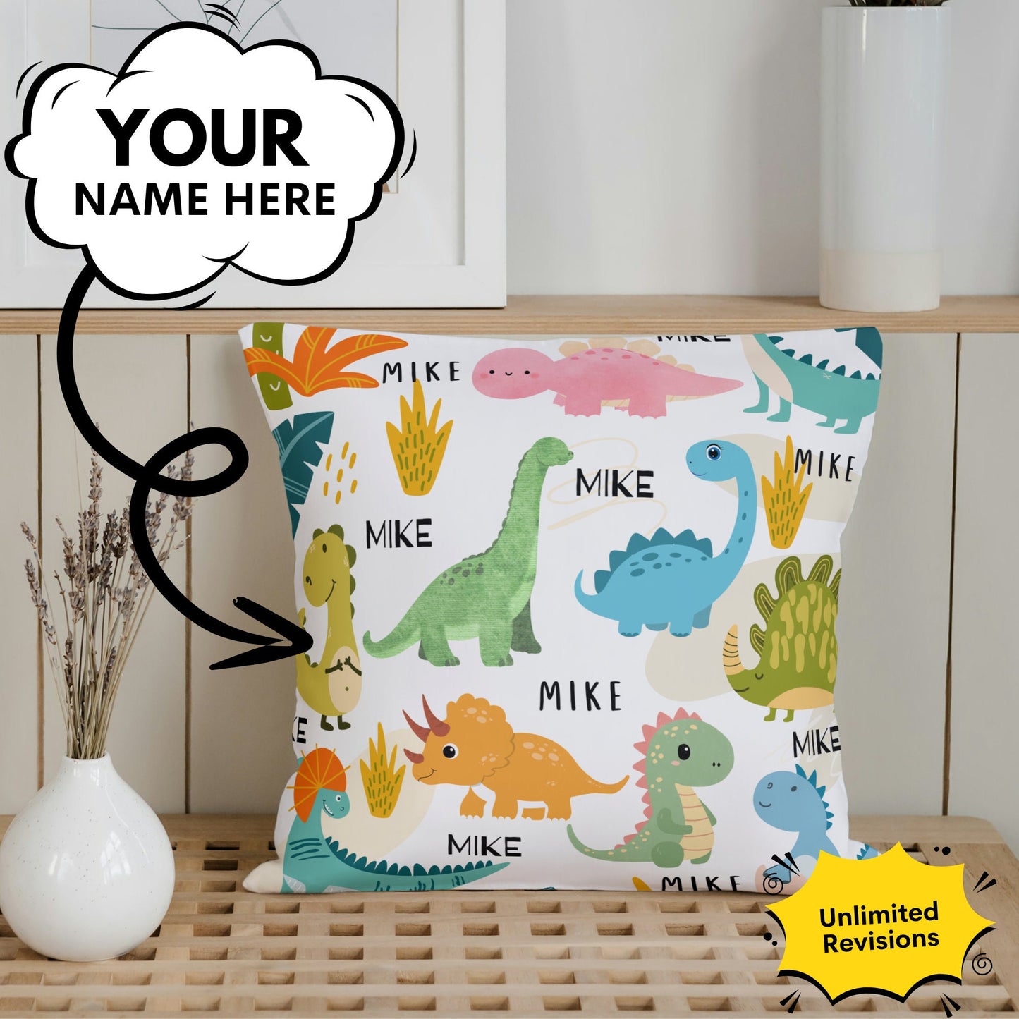 Personalized Dinosaur Pillow for Kids – Custom Name Gift with Cute Dino Design