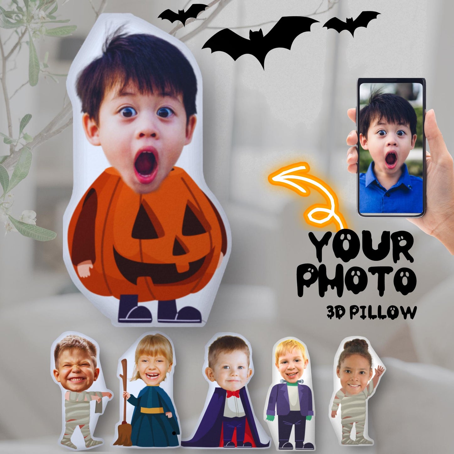 Personalized Halloween 3D Photo Pillow – Custom Kids Costume Pillow & Unique Spooky Gift