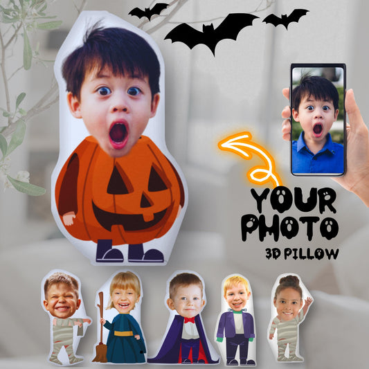 Personalized Halloween 3D Photo Pillow – Custom Kids Costume Pillow & Unique Spooky Gift