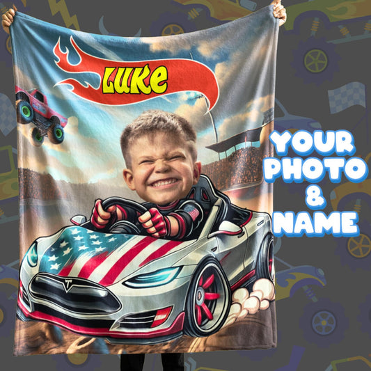 Personalized Racing Car Blanket – Custom Name & Photo Gift for Kids Who Love Speed & Sports Cars