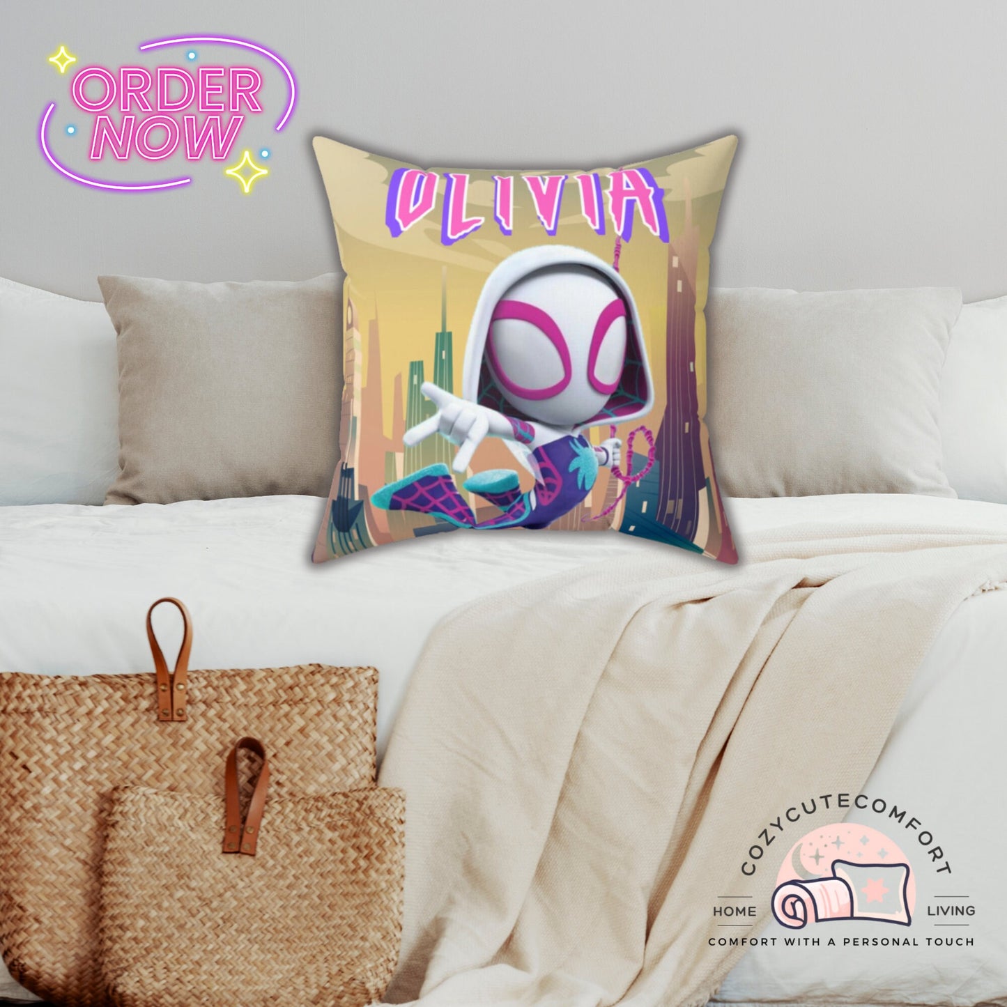 Personalized Spider Gwen Pillow for Kids – Custom Name Superhero Cushion & Bedroom Decor Gift