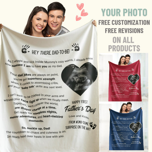 Personalized Ultrasound Blanket – Baby Reveal Gift for Dad with Custom Letter & Sonogram Print