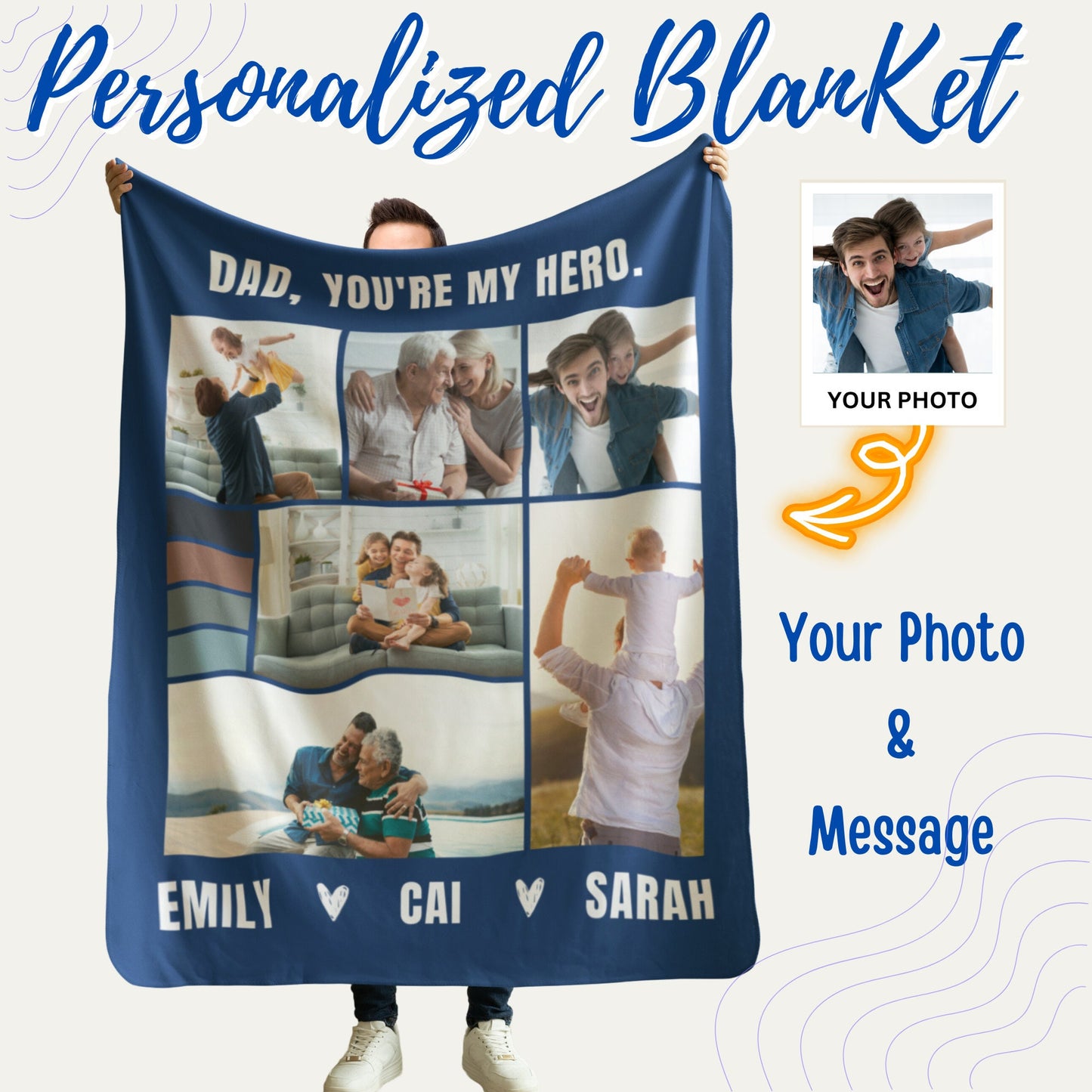 Personalized Dad Blanket with Text, Custom Father's Day Blanket, Grandpa Gift, Birthday Gift For Dad, You're My Hero Dad, Best Dad Blanket