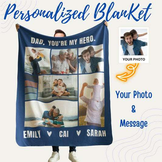 Personalized Dad Blanket with Text, Custom Father's Day Blanket, Grandpa Gift, Birthday Gift For Dad, You're My Hero Dad, Best Dad Blanket