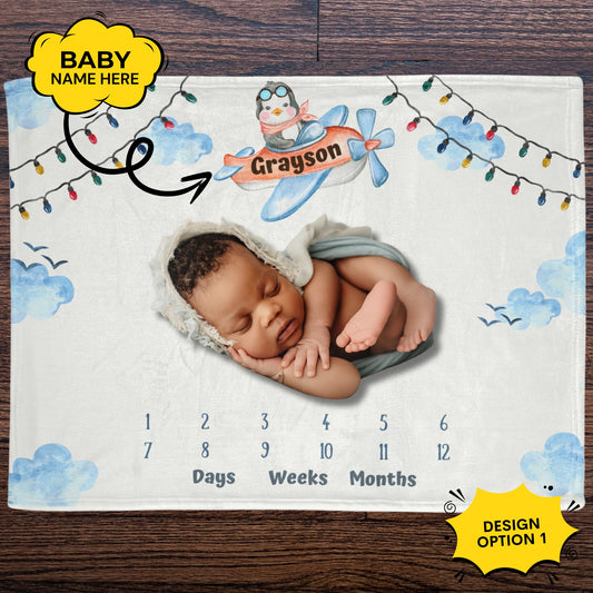 Personalized Airplane Baby Boy Blanket – Custom Name Milestone Gift for Baby Showers & Keepsakes