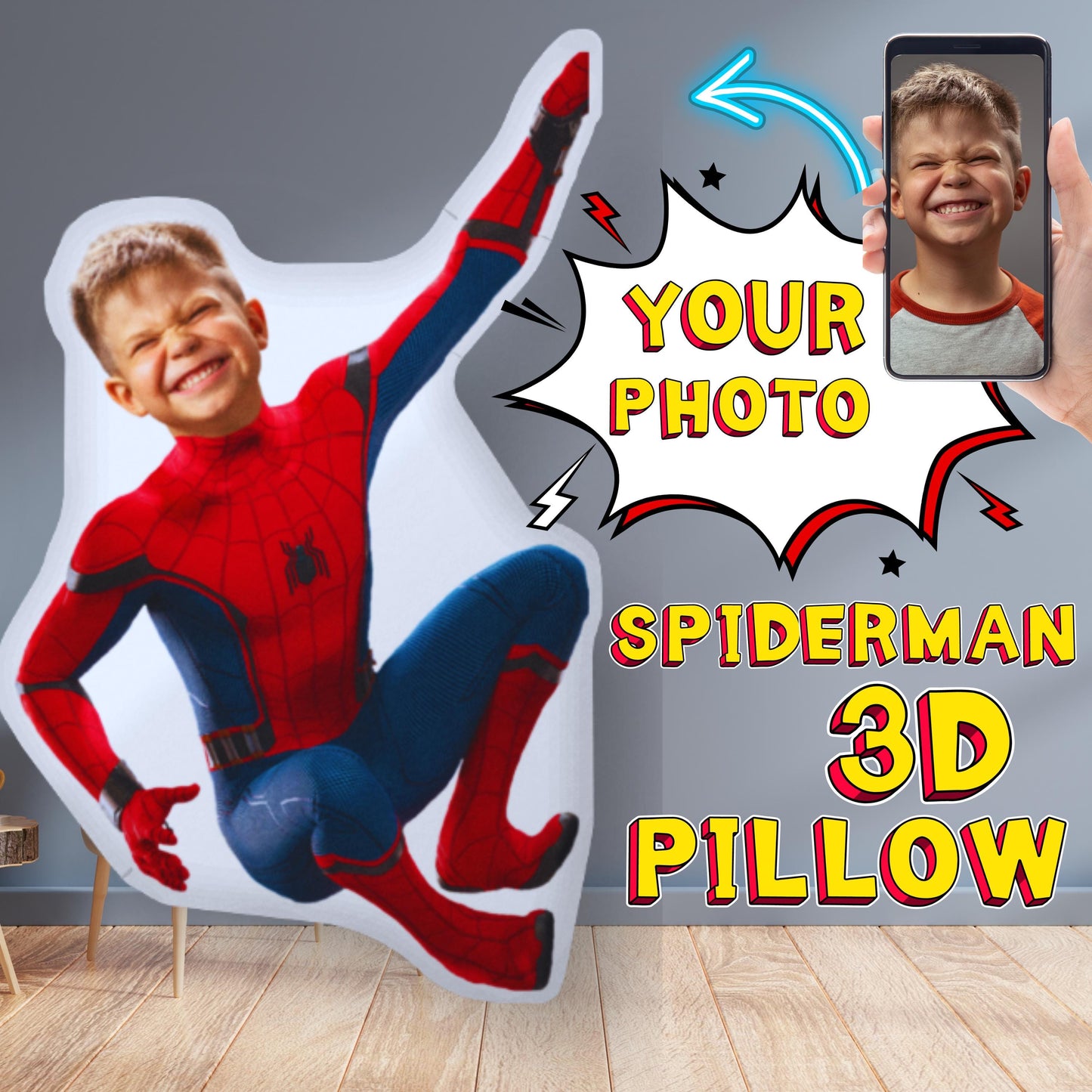 Personalized Spiderman 3D Photo Pillow – Custom Superhero Room Decor & Gift for Kids | Bundle Deals & Blankets Available