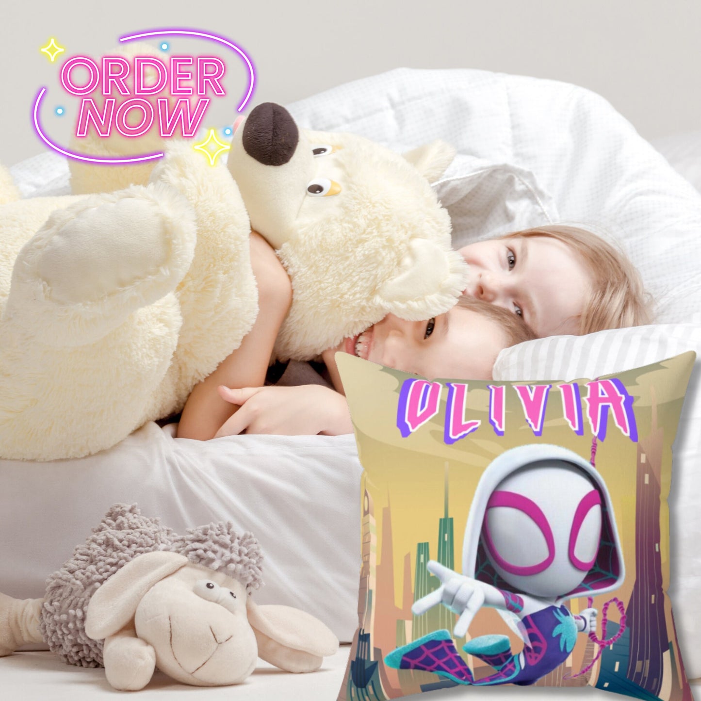 Personalized Spider Gwen Pillow for Kids – Custom Name Superhero Cushion & Bedroom Decor Gift