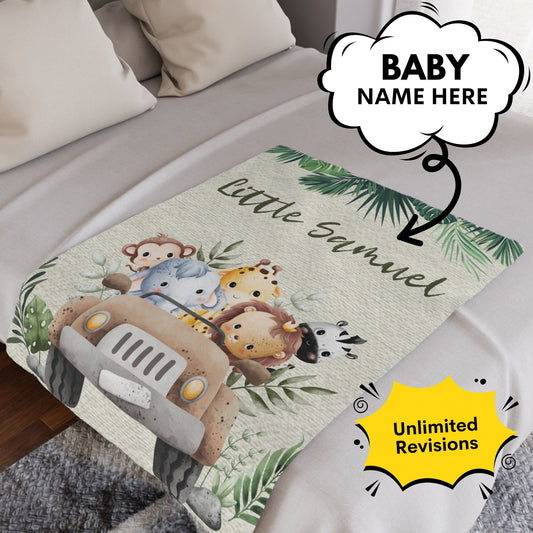 Personalized Safari Baby Swaddle – Custom Name Blanket with Elephant, Giraffe, Lion & Monkey for 1st Birthday