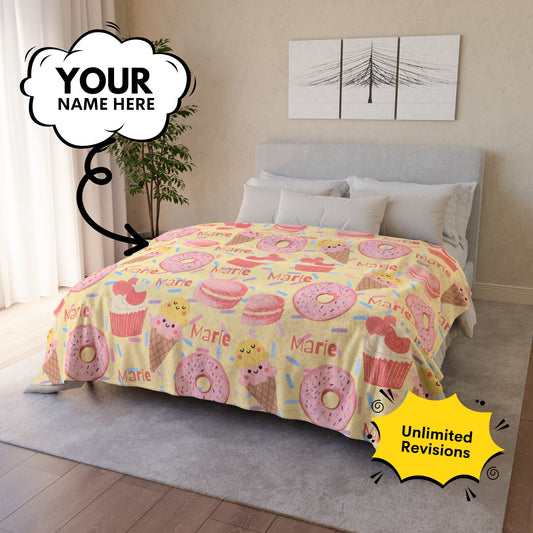 Personalized Dessert Blanket – Custom Name Gift Featuring Doughnuts, Cupcakes & Ice Cream