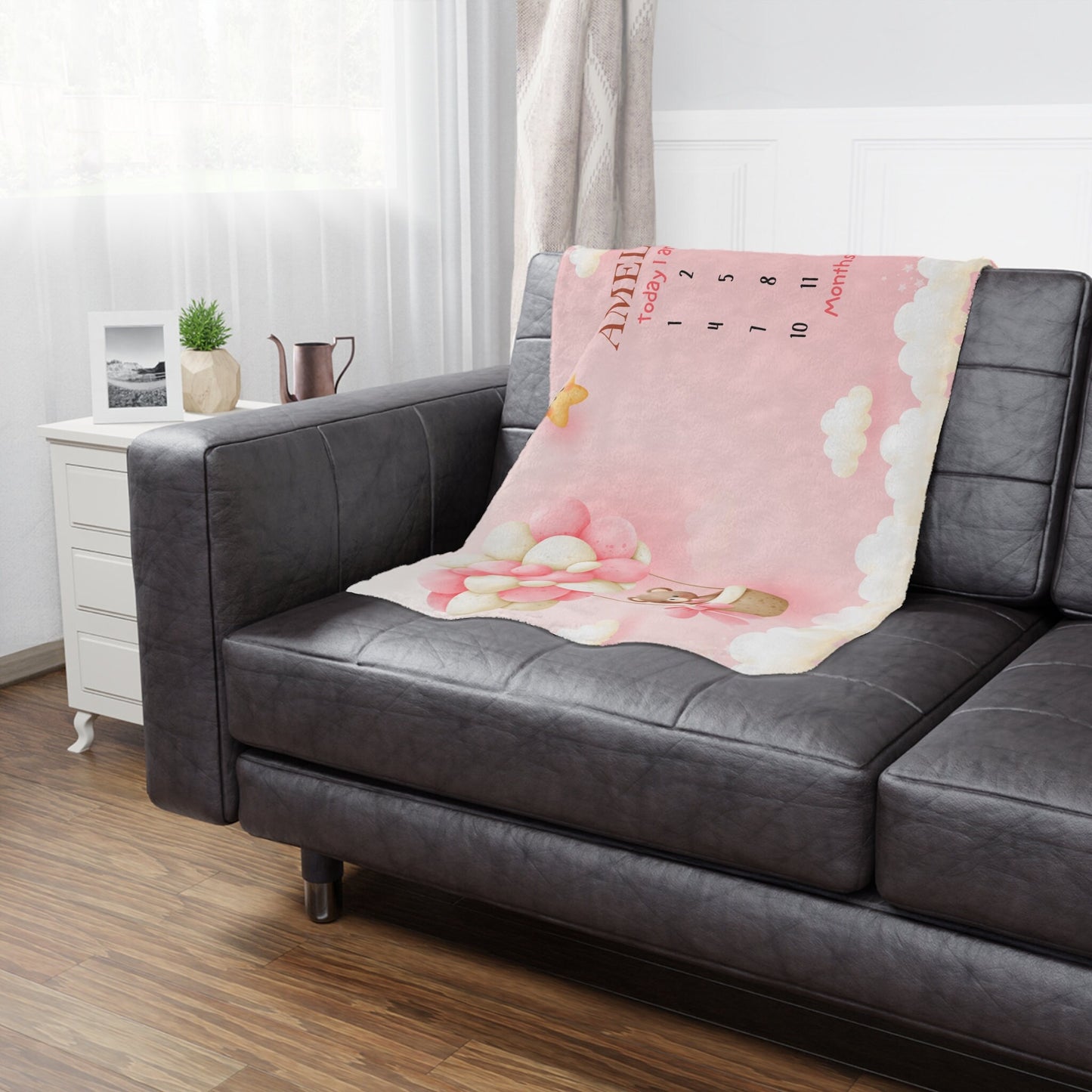 Personalized Baby Milestone Blanket – Custom Name with Pink Balloon & Bear Design for Monthly Growth & Baby Shower Gifts