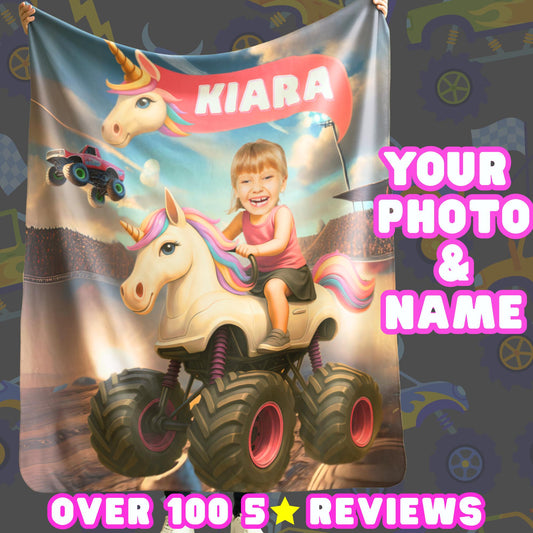 Personalized Unicorn Monster Truck Blanket – Custom Name & Photo Gift for Girls, Toddlers & Grandparents