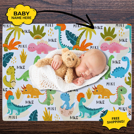 Personalized Dinosaur Baby Swaddle With Custom Name Blanket