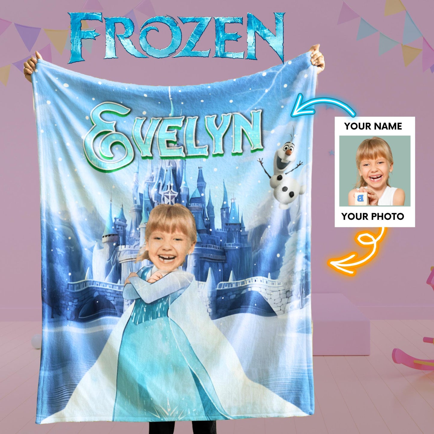 Personalized Frozen Blanket – Custom Name & Photo Gift Featuring Elsa, Anna & Olaf for Kids’ Christmas & Birthdays