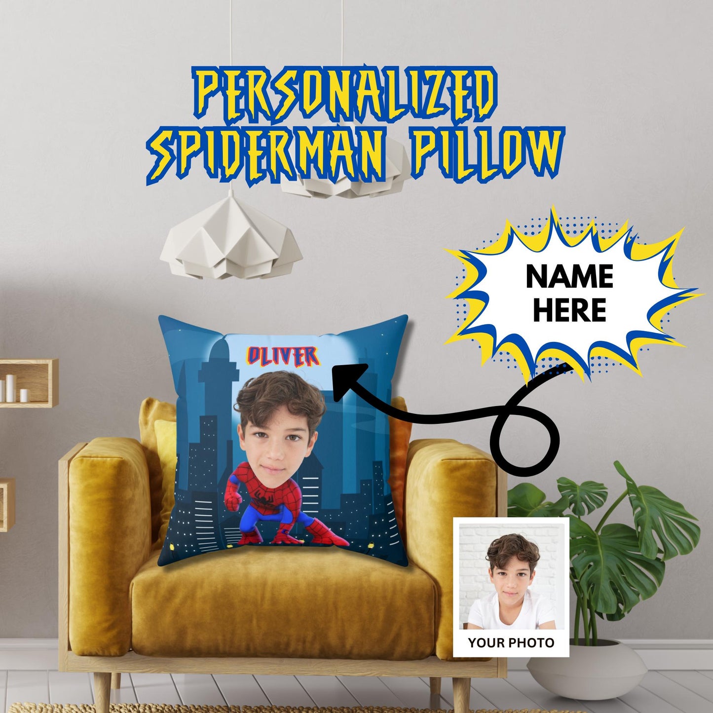 Personalized Spiderman Pillow with Name – Custom Double-Sided Superhero Cushion for Kids