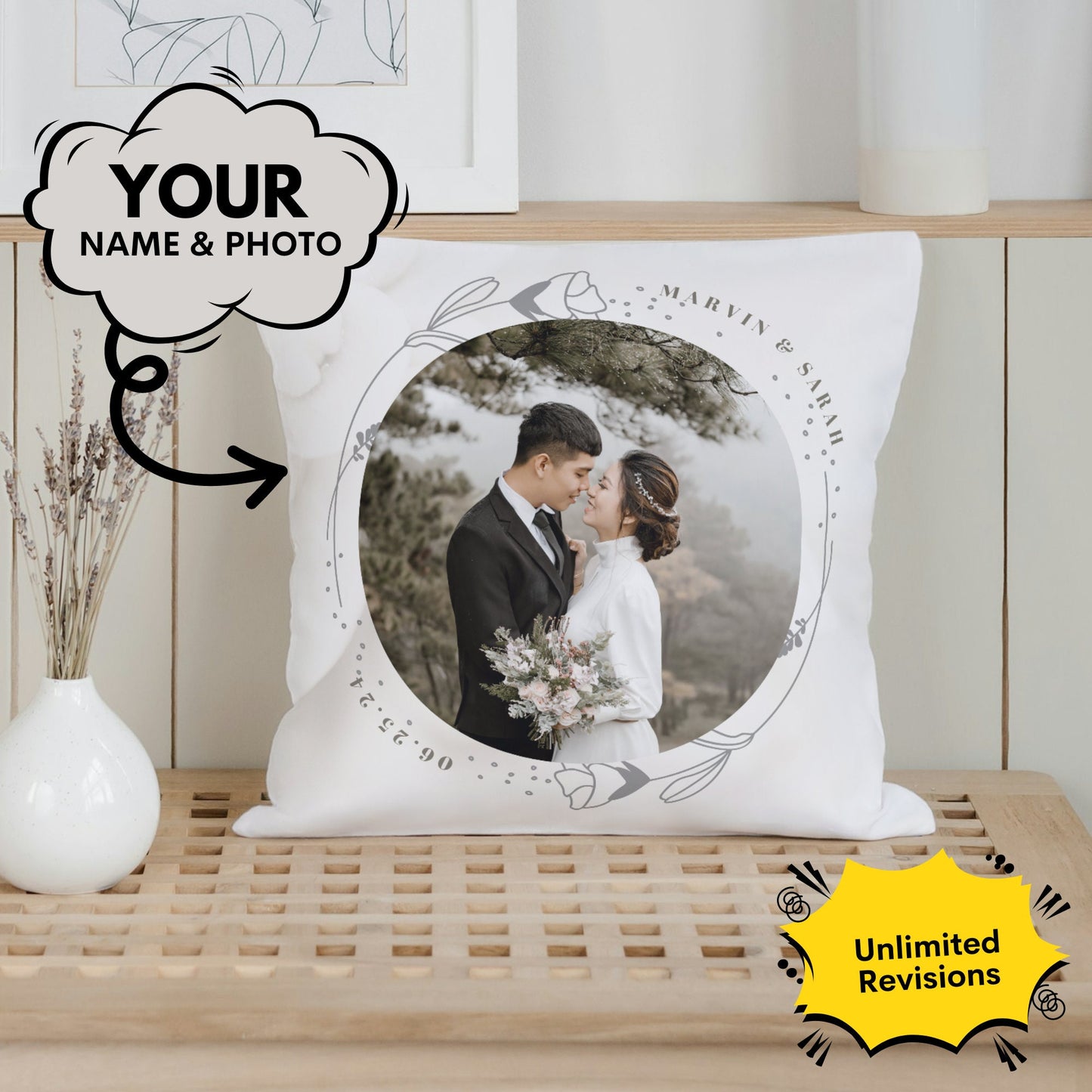 Personalized Wedding Photo Pillow – Custom Names & Date Gift for Couples & Anniversaries