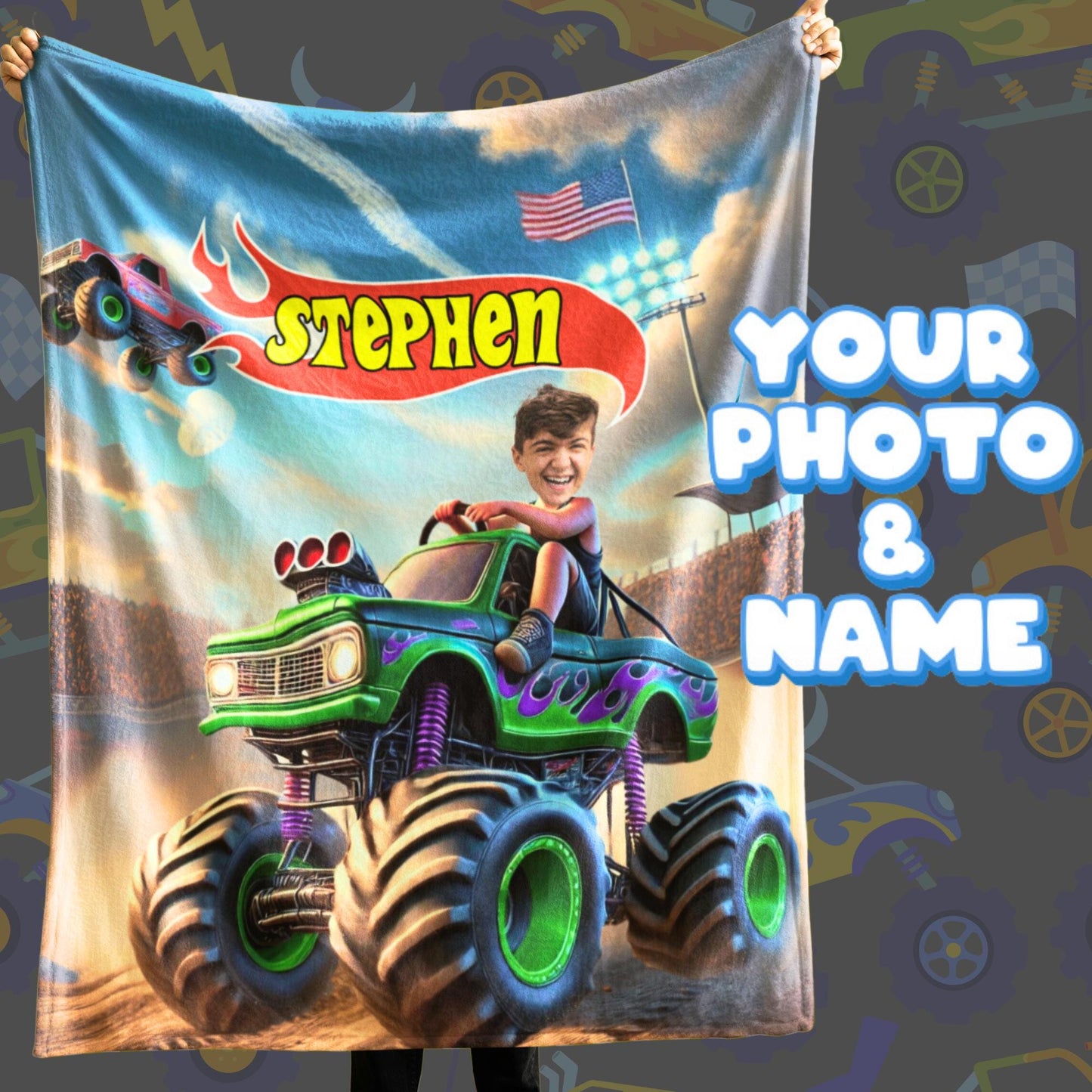 Personalized Racing Car & Monster Truck Blanket – Custom Name & Photo Gift for Boys & Girls