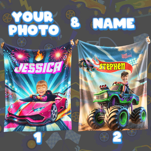 Personalized Racing Car & Monster Truck Blanket – Custom Name & Photo Gift for Boys & Girls
