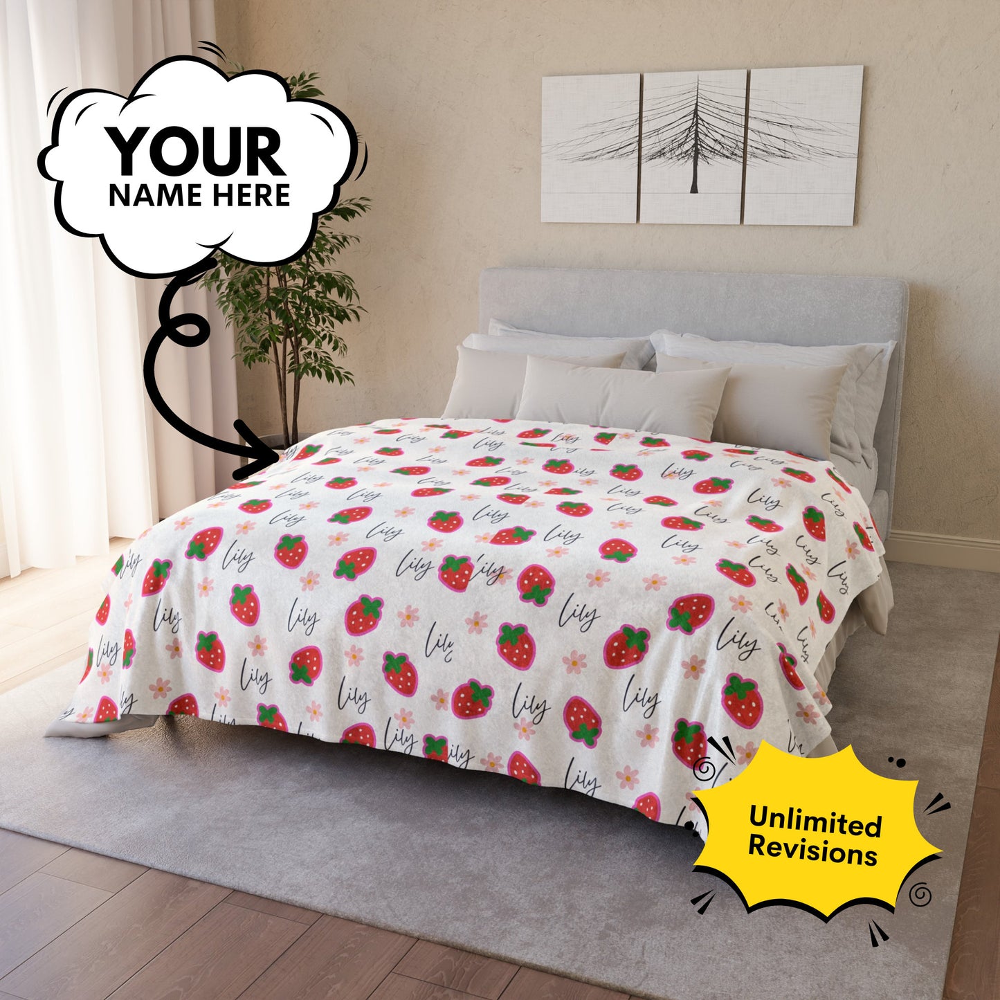 Personalized Strawberry Blanket – Custom Name Throw for Kids with Cute Berry Design & Cozy Comfort