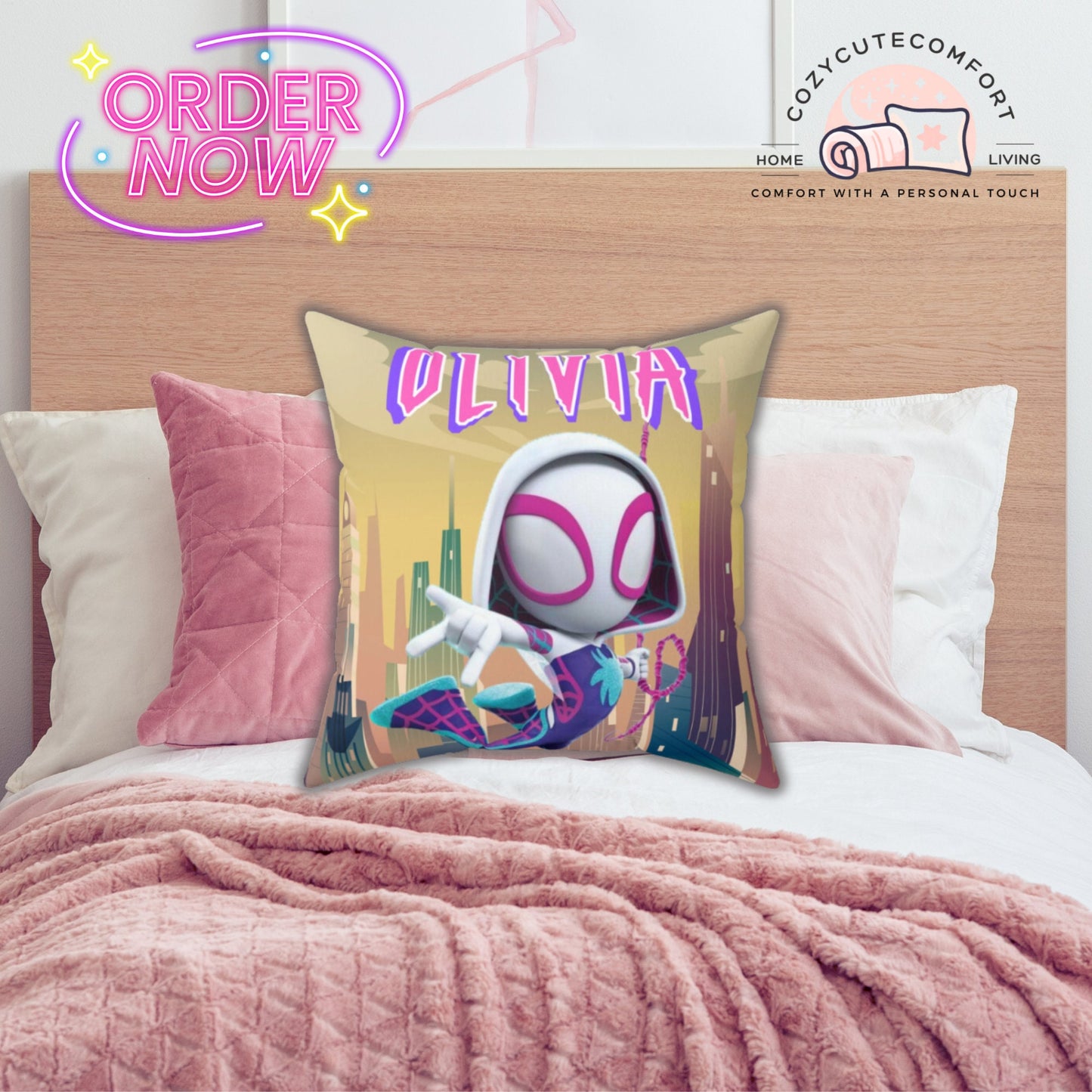 Personalized Spider Gwen Pillow for Kids – Custom Name Superhero Cushion & Bedroom Decor Gift