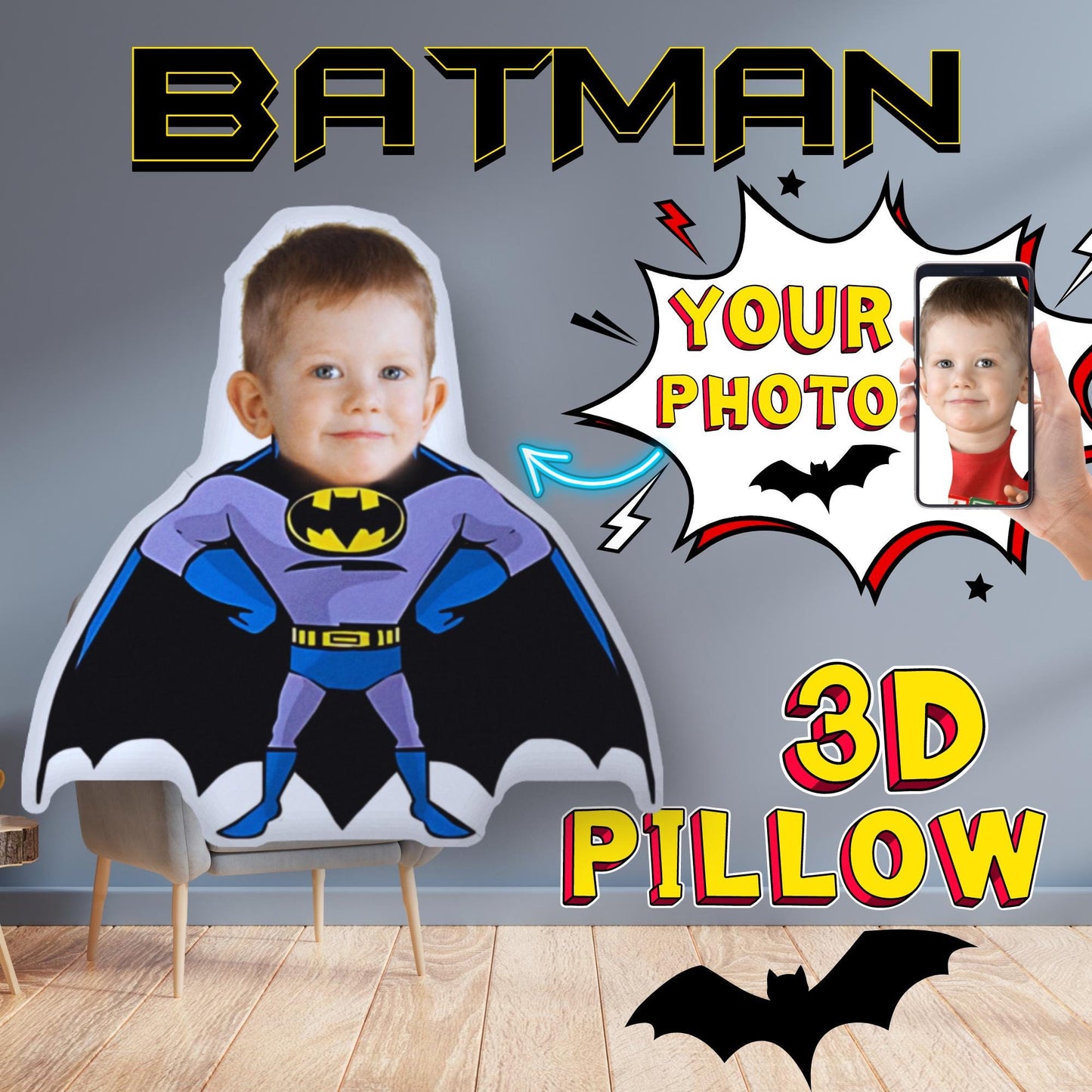 Personalized Spiderman 3D Photo Pillow – Custom Superhero Room Decor & Gift for Kids | Bundle Deals & Blankets Available