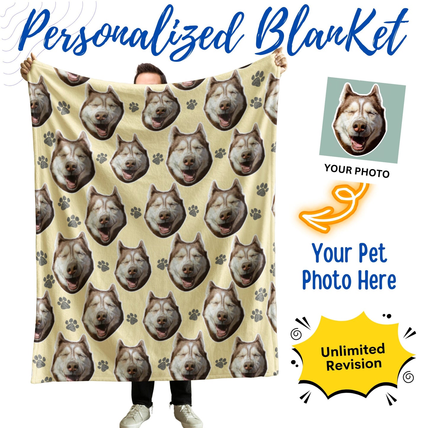 Personalized Funny Pet Photo Blanket – Custom Dog Face & Paw Print Gift for Pet Lovers