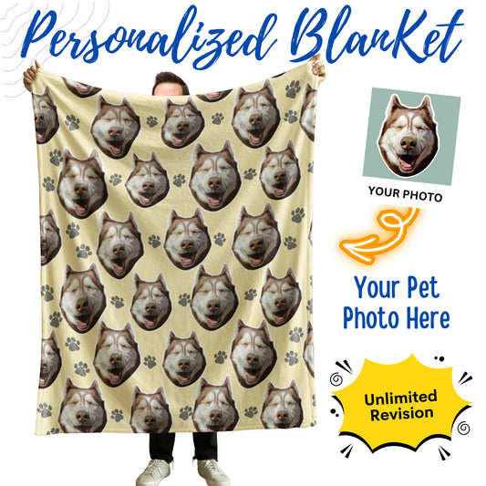 Personalized Funny Pet Photo Blanket – Custom Dog Face & Paw Print Gift for Pet Lovers