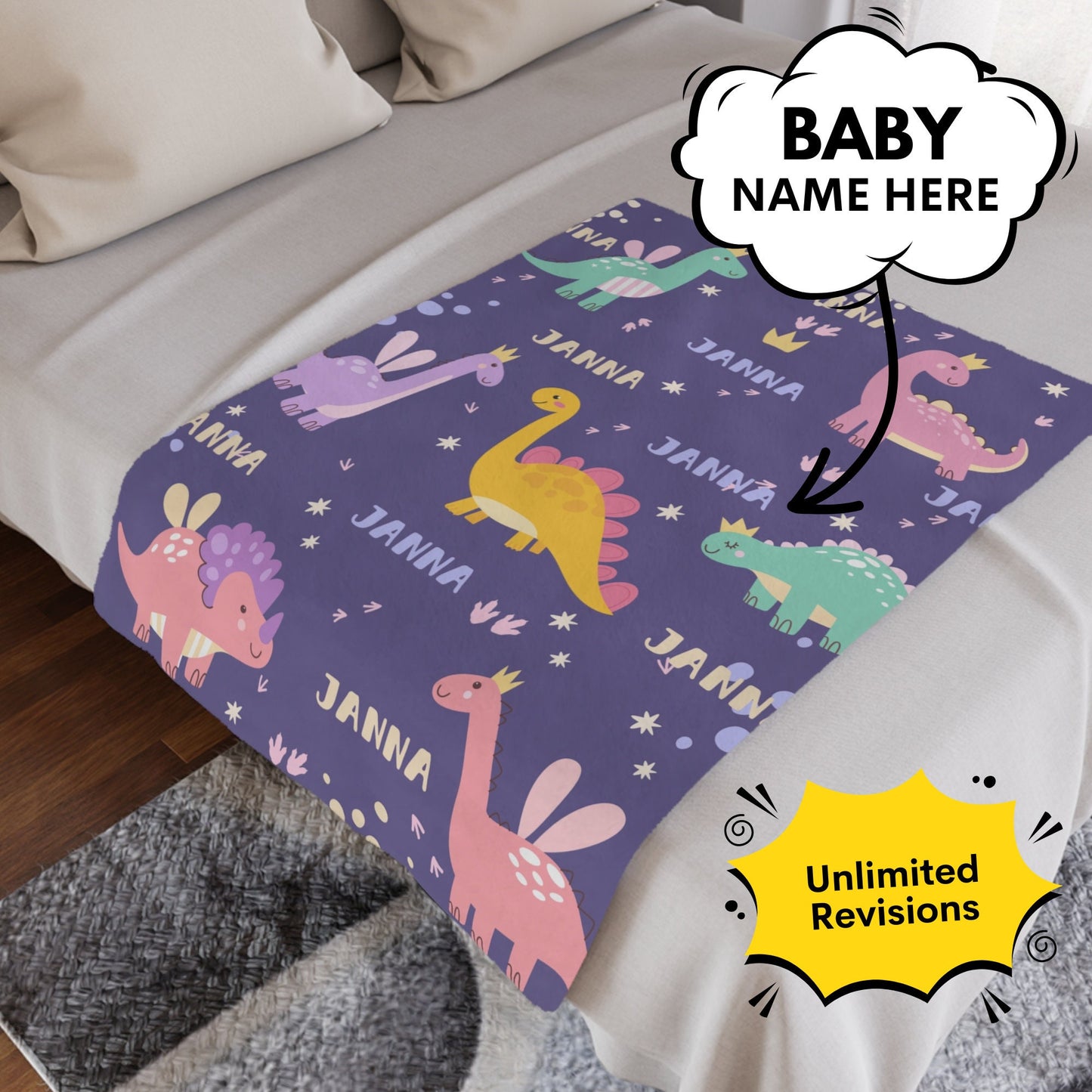 Personalized Dinosaur Baby Blanket – Custom Name Gift for Kids & Nursery Decor