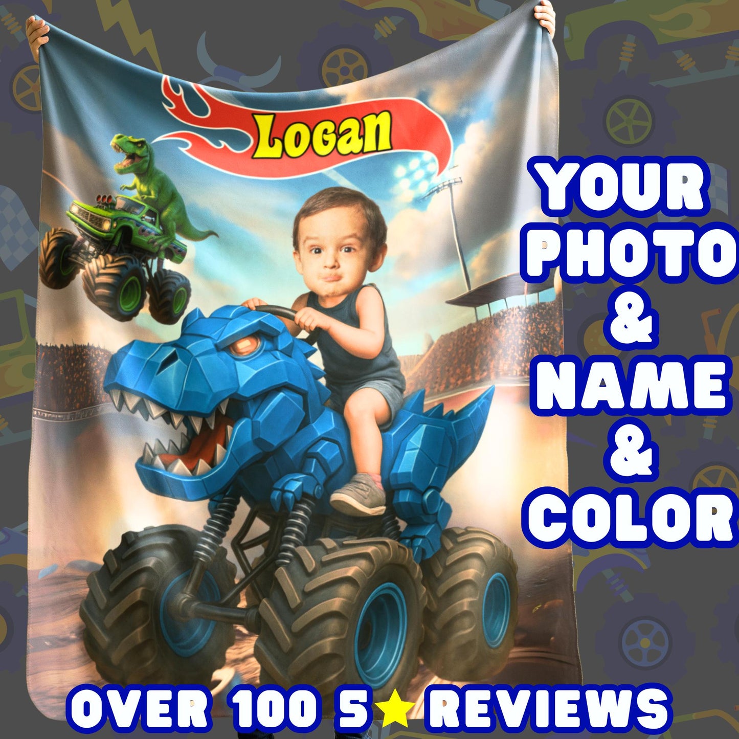 Personalized Dinosaur Monster Truck Blanket – Custom Name & Photo Adventure Gift for Boys