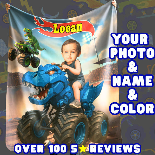 Personalized Dinosaur Monster Truck Blanket – Custom Name & Photo Adventure Gift for Boys
