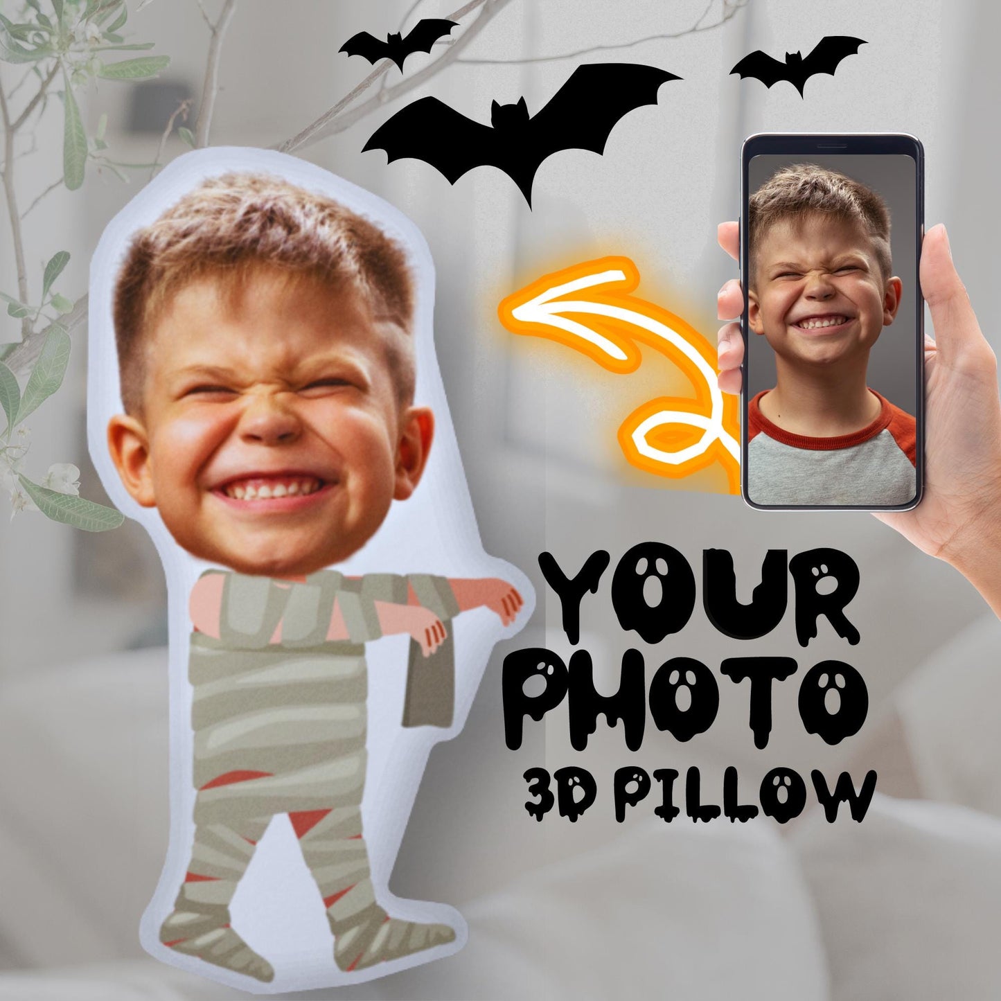 Personalized Halloween 3D Photo Face Pillow – Custom Kids Costume Pillow & Spooky Decor